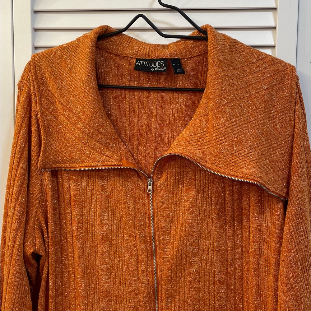 Attitudes by Renee Vibrant Orange Ribbed Zip Up Sweater Glittery Size XL